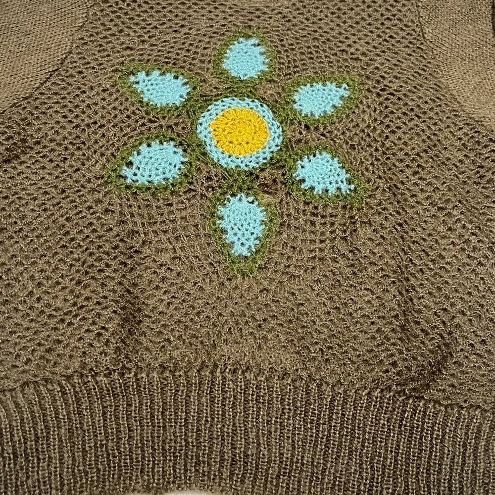 Mu Fashion Women's Floral Sunflower Sweater Olive Green Balloon Sleeves - Picture 2 of 10